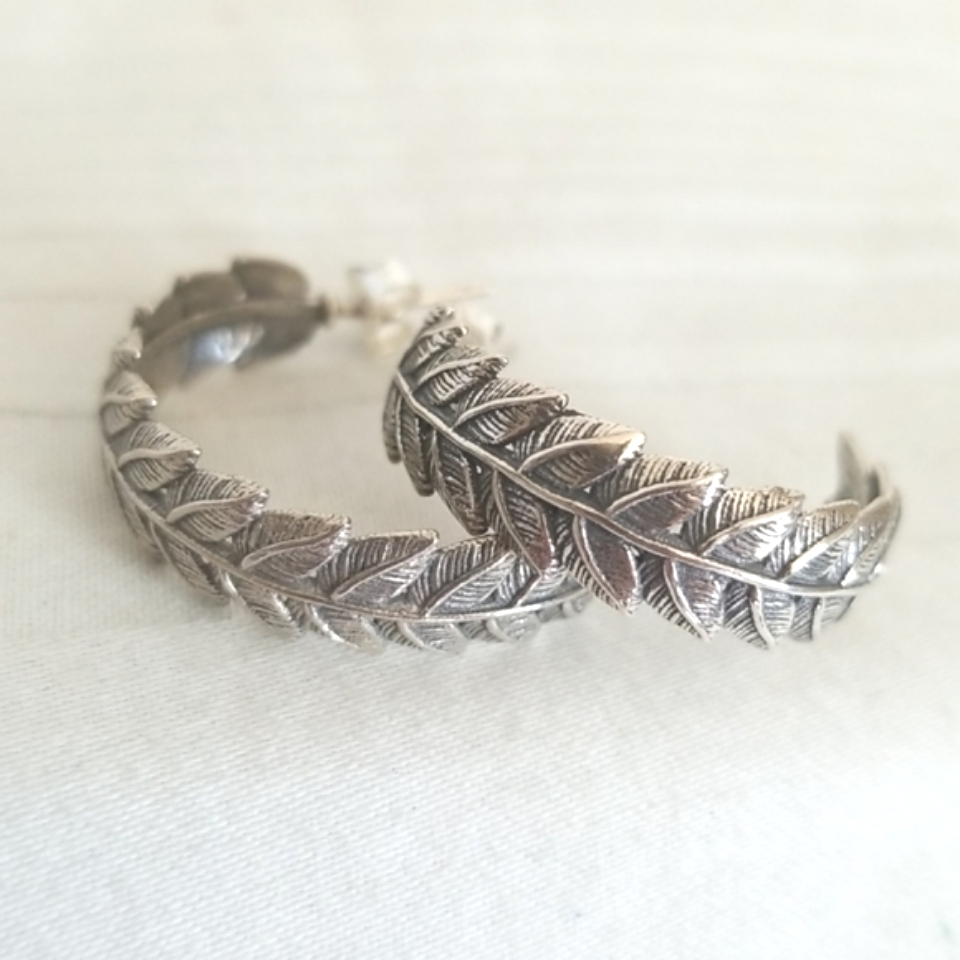 Vintage Sterling Silver Half Hoop Leaf Earrings Israel